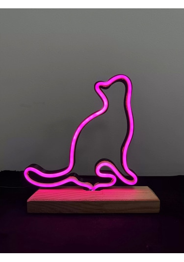 Kedi Figürlü Pembe Neon Gece Lambası Çok Renkli