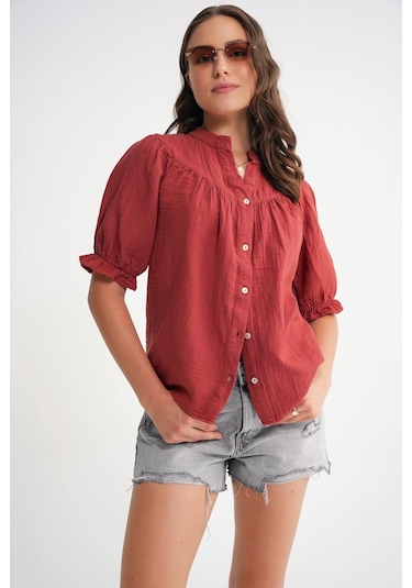 4725 Kadın Büzgü Robalı Kolu Fırfırlı Müslin Gömlek Kızılcık Kızılcık