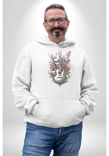Gitar Kafatası Güller Doğa Uyumu Kadın Erkek Beyaz Kapüşonlu Sweatshirt Hoodie Beyaz