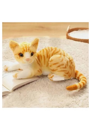Tekir Kedi Oyuncak Gerçek Görünümlü Peluş Kedi Sarı Tekir Kedi Peluş Açık Sarı