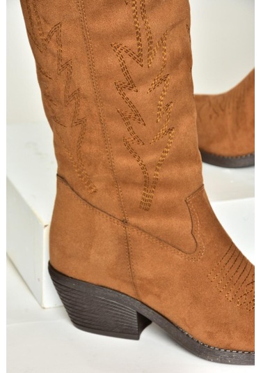 Fox Shoes T404401202 Taba Süet Kovboy Model Kadın Çizme Taba-Süet
