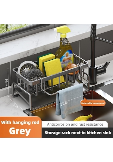 Gri 1 Adet Kendinden Boşaltmalı Lavabo Rafı Paslanmaz Çelik Mutfak Lavabo Drenajı Raf Sabun Sünger Tutucu Mutfak Lavabo Organizatör