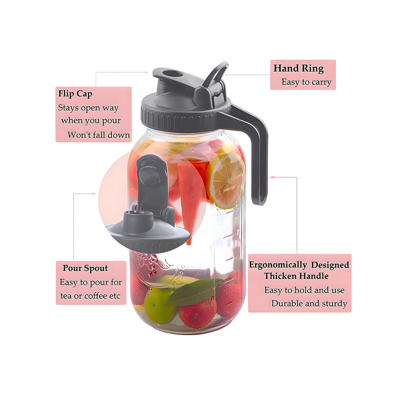 Geeksen 32oz Cam Mason Kavanozu, Eldivenli Kapağı Ve Izgara Filtre İle, Şeffaf Vücut, Ölçü Çizgileri, Soğuk İçecekler İçin Spor Ve Dışarıda Kullanım Gri