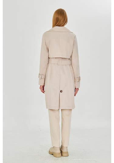 Pastelastore Esnek Pamuk Gabardin Midi 95cm Astarsız Kadın Trençkot 1118 Taş Rengi Taş