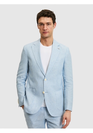Cacharel Açık Mavi Slim Fit %100 Keten Mikro Desen Mono Yaka Ceket Denim