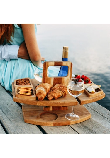 Taşınabilir Piknik Ahşap Şarap Kadehi Tutucu Ayrılabilir Şarap Masası Ahşap Rengi