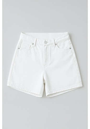 Kadın Yüksek Bel %100 Pamuk Ekru Jean Şort Ekru