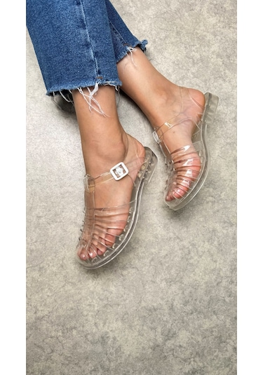 Kadın Çocuk Deniz Ayakkabısı Plaj Havuz Rafting Jel Görünümlü Şeritli Kaydırmaz Taban Sandalet 309 Şeffaf