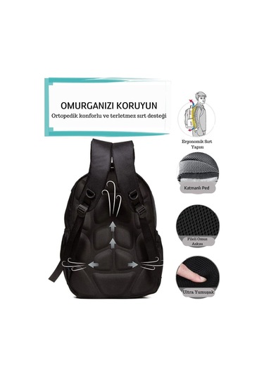 Newish Polo Suya Dayanıklı Unisex Siyah Laptop Notebook Bölmeli Sırt Çantası Okul Seyahat Spor - Unisex Siyah