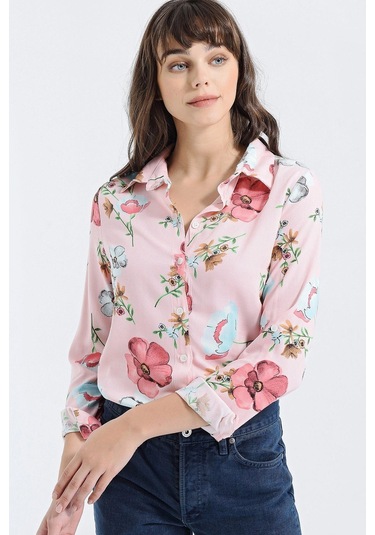 Kadın Pembe Modern Tarz Çiçek Desenli Uzun Kollu Gömlek Pembe