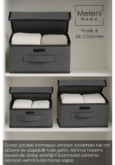 3'lü Kapaklı Saklama Kutusu Seti - Çok Amaçlı Dolap İçi Organizer Çamaşır Oyuncak Düzenleyici Gri Gri