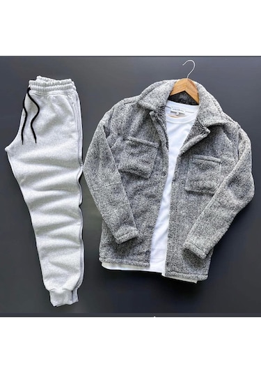 Gri Peluş Polar Hırka Gömlek Gri Eşofman Altı Takım Açık Gri