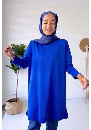 Dik Yaka Merserize Tunik - Saks Saks Mavi