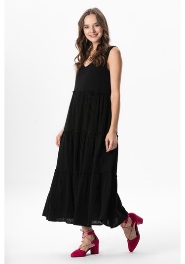 Kolsuz Artemis Oval Yaka Yıldız Baskılı Midi Boy Müslin Yazlık Elbise Siyah Syh Siyah