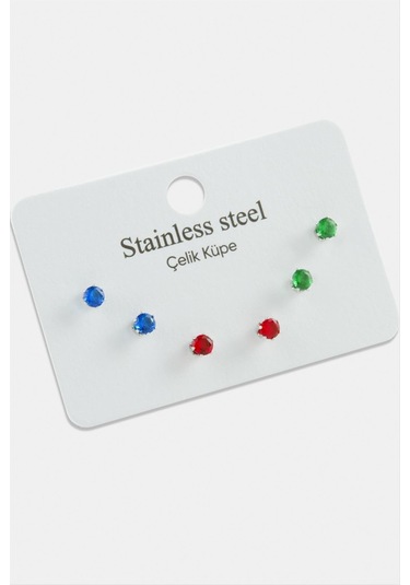 6 Adet Yuvarlak Renkli Zirkon Tek Taşlı Çelik Küpe Gümüş