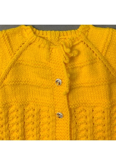 Uretti - Kadir 7704 - El Örgüsü Bebe Yün Robalı Yaka Kız Bebek Hırka - 10 / 12 Ay Sarı