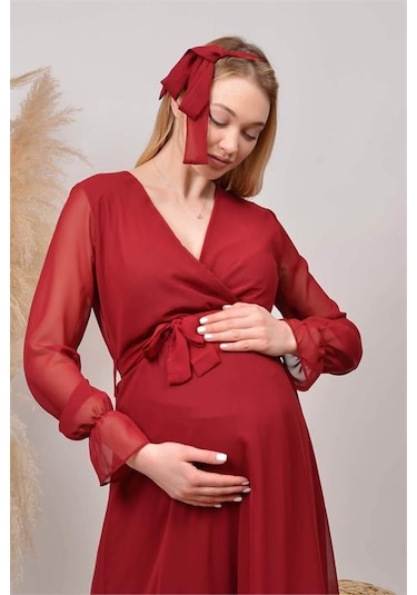 Kadın Beyaz Baby Shower Şifon Hamile Elbise Dphml003 Bordo