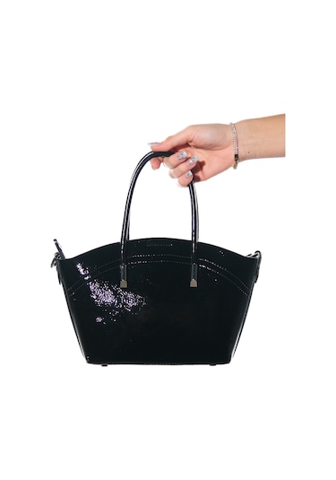 Luvishoes 1375 Siyah Kırışık Rugan Kadın Kol Çantası Siyah Rugan