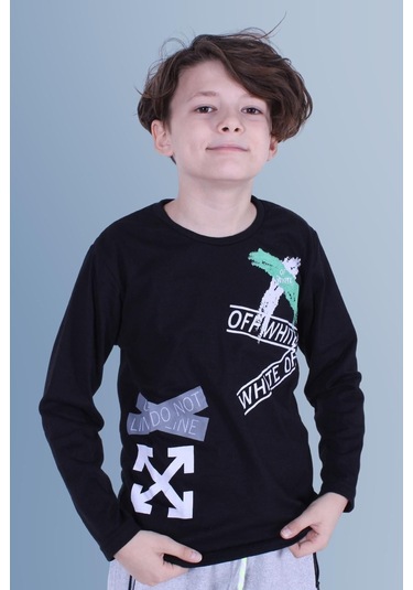 X Baskılı Uzun Kollu Erkek Çocuk Siyah Sweatshirt Siyah