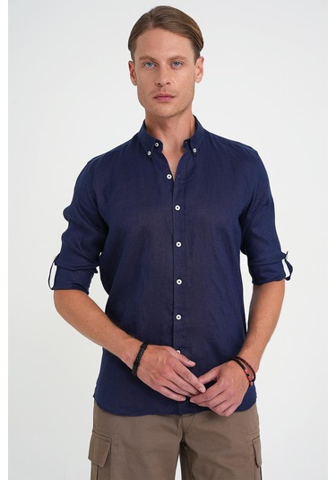 Comfort Fit Düğme Yaka Katlanır Kol %100 Keten Düz Lacivert Gömlek G 1595 Lacivert