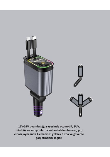 Araç Şarj Adaptörü 66w Pd Qc Hızlı Şarjlı Ve Çekilebilir Kablolu