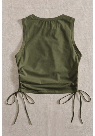 Merry See Yanları Büzgülü Kolsuz Bluz Crop Top Atlet Yeşil