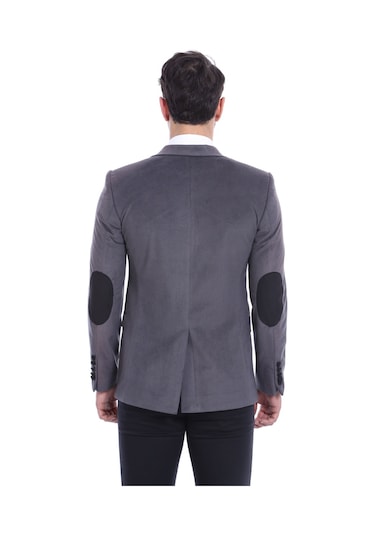Wessi Kareli Kapaklı Cepli Arma Detaylı Kadife Füme Gri Erkek Ceket - Wessi Füme - Gri
