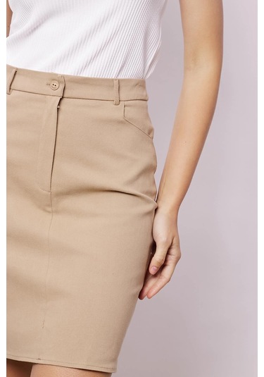 Kadın Cep Detaylı Diz Üstü Hafif Likralı Pamuklu Kumaş Kalem Etek-camel CAMEL