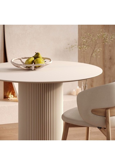 Vintage Yuvarlak Ahşap Bohem Masa 130x130 Krem