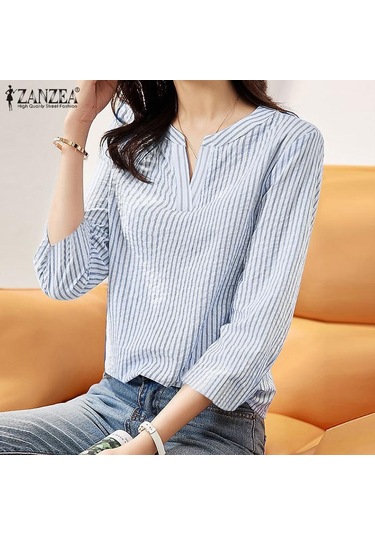 Zanzea Yaz Günlük V Yaka 3/4 Kollu Kadın Çizgili Bluz Siyah