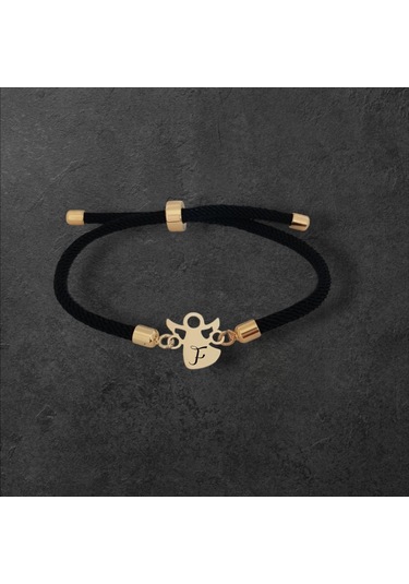 F Harfine Özel Mevlana Motifli Örgü İpli 14 Ayar Altın Plakalı Hediye Bileklik-319harf-siyah Altın