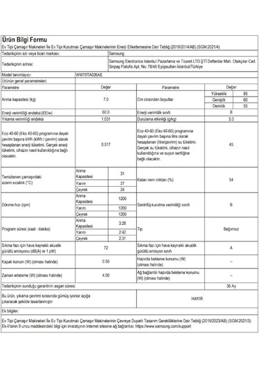 Samsung WW70TA026AE/AH 1200 Devir 7 KG Çamaşır Makinesi