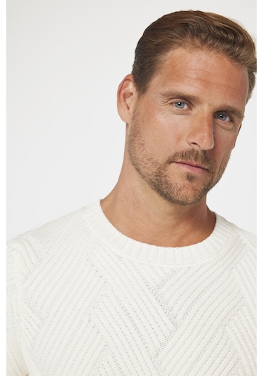 Bisiklet Yaka Desenli Yumuşak Dokulu Erkek Beyaz Kazak-30438-beyaz Beyaz