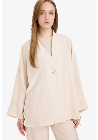 Defacto Relax Fit Krinkıl Kumaş Uzun Kollu Kimono Tunik E1109ax25smbg74 Bej