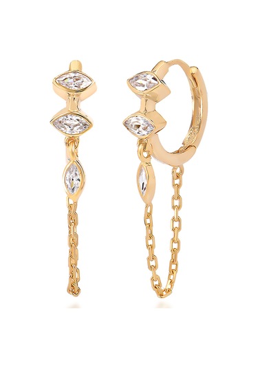 Zirkon Taşlı Pırlanta Montür Altın Kaplama Sallantılı Zincirli Gümüş Halka Küpe Gold - Gümüş