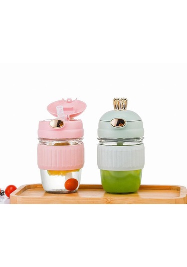 Taşınabilir Sevimli Karikatür Tavşan Su Bardağı-pembe