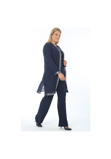 Büyük Beden 3552 Lacivert Ceket+Bluz+Pantolon Üçlü Takım Gümüş - Lacivert