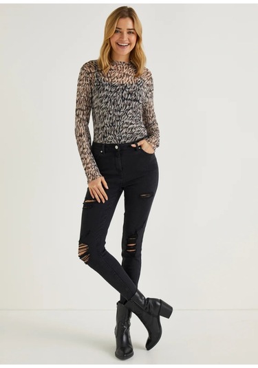 Lupinn Moda Kadın Desenli Transparan Tül Body Uzun Kollu Esnek İnce Fit Leopar & Zebra Desen - Yazlık Şık Üst Kahverengi