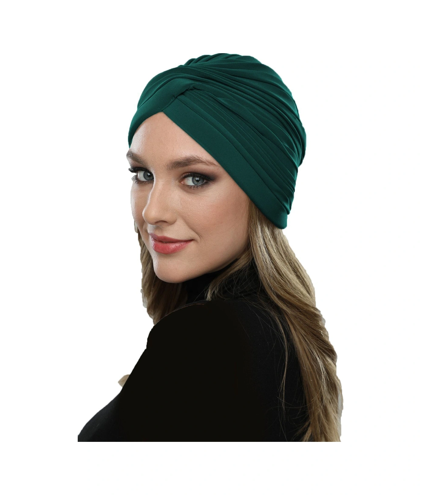 Çapraz W Nervürlü Ensesi Bantlı Yeşil Hazır Türban Tesettür Havuz Bonesi Hürrem