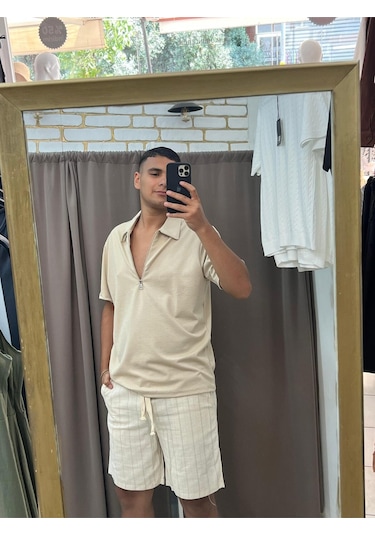 Tuba Toptaş Fermuarlı Tshirt Bej