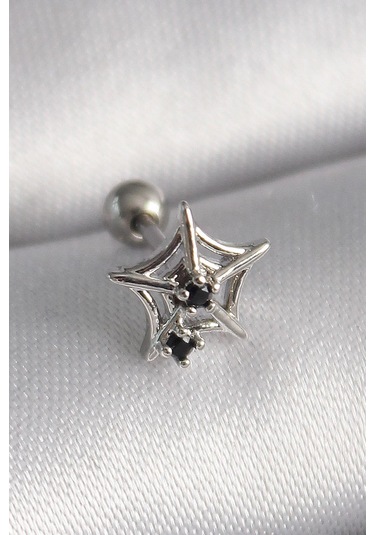 316l Çelik Gümüş Renk Siyah Zirkon Taş Detay Örümcek Ağ Model Tragus Piercing - Prt3500eb02918-7981 Gümüş
