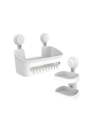 Duş Rafı Ve Sabunluk Sabunluk Çift Katmanlı Duş Rafı Emişli Duş Sepeti Düzenleyici Maksimum Tutma Kapasitesi 22 Lbs Banyo Rafı Duş Beyaz