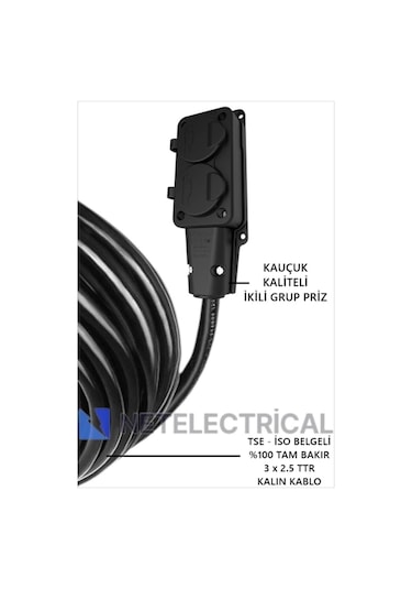 Kauçuk 2'li 50 Metre Topraklı Grup Priz - 3x2.5 Ttr Tam Bakır Kalın Siyah Kablo 50 Metre
