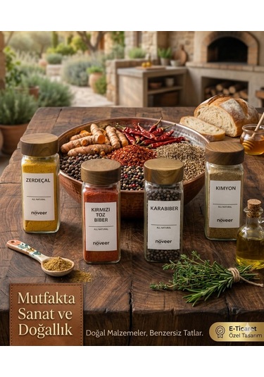 Bambu Kapaklı Standlı 4'lü Cam Baharatlık Seti 120 Ml Kare Tasarımlı Ahşap - Şeffaf