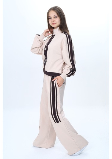 Kız Çocuk 2 İplik Yarım Fermuarlı Garnili Eşofman Takımı %100 Pamuk Rahat Kalıp-325 Bej