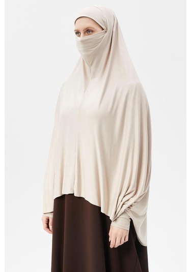 Kollu Sufle Çarşaf Üstü Peçeli Pratik Tesettür Hijab - Nikaplı Namaz Örtüsü Koyu Krem