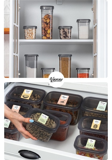 Vienev Renkli Etiketli 12li Peggy Dikdörtgen Baharatlık Seti 800 Ml Antrasit Şeffaf