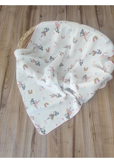 Desenli Müslin Kız Erkek Bebek Battaniyesi Oeko-texli %100 Pamuklu Puset Örtüsü Yenidoğan 90x80cm Pembe