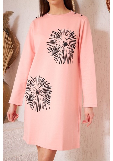 Darlin Moda Pudra Baskılı Düğme Detaylı Tunik DM60346 Çok Renkli