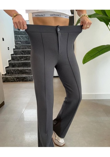 Sensuelle Kadın Yüksek Bel Full Likralı Krep Kumaş Pantolon Gri